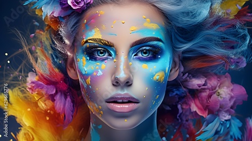 Woman with colorful makeup on her face, coloring powder splash on background created with Generative AI technology.