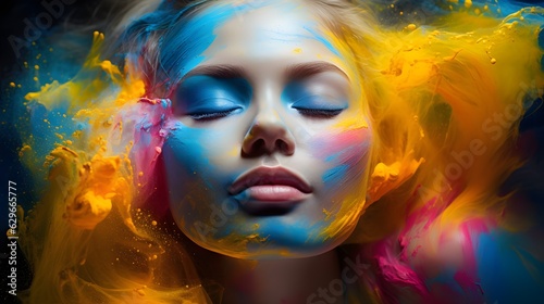 Woman with colorful makeup on her face  coloring powder splash on  background created with Generative AI technology.