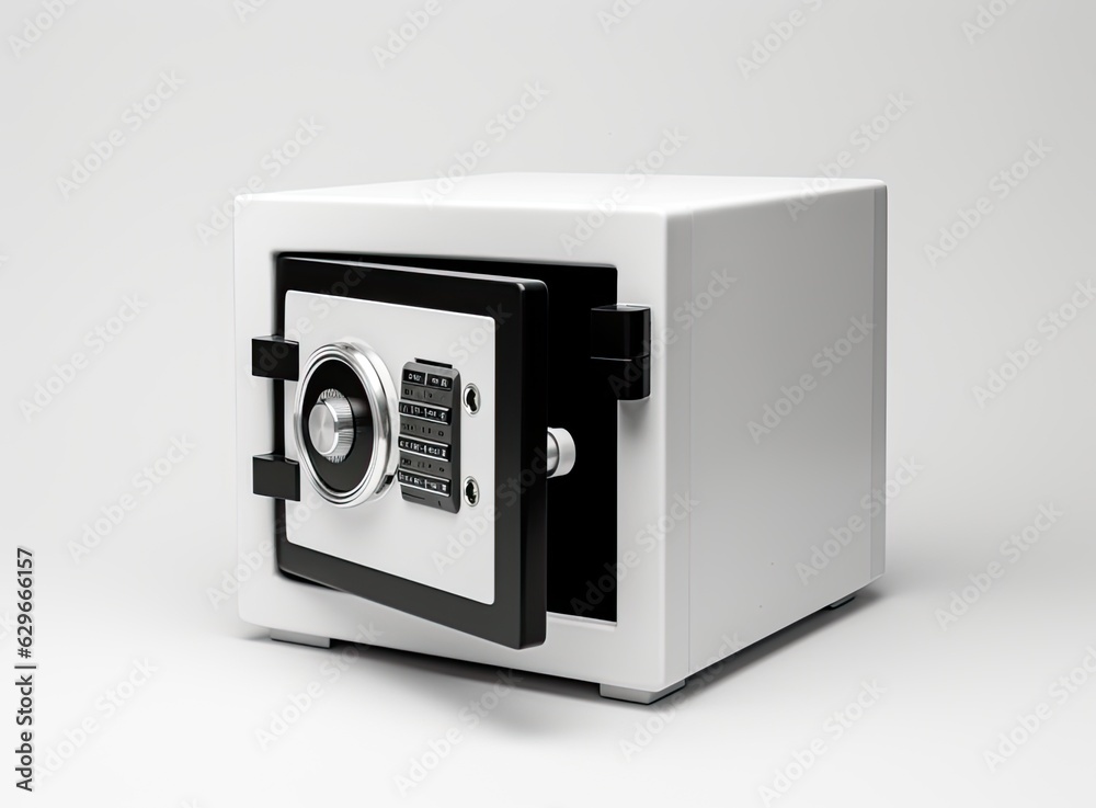 Small modern safe on shelf. Created with Generative AI technology. Small modern safe on shelf. Created with Generative AI technology.