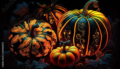 Neon orange pumpkins on black background  celebration card for Halloween  harvest and Thanksgiving. Modern pumpkins design for autumn and october greetings.