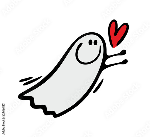 Friendly ghost e flies towards love. Vector illustration of a child in a Halloween monster costume and hearts.