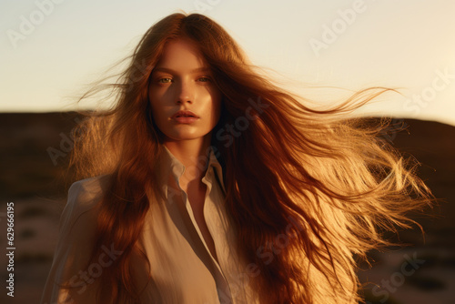 portrait of a woman/model/book character in a close up with long dark brown hair in a fashion/beauty editorial advertisement magazine style film photography look redhead - generative ai art  © MaryAnn