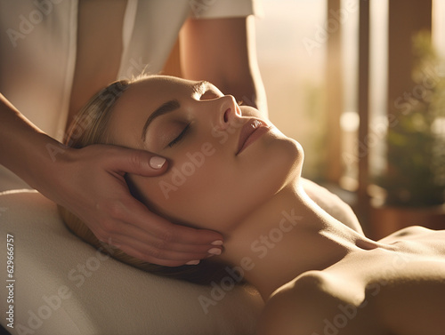A woman enjoying a head (scalp) massage at a spa, luxurious spa, relaxation 