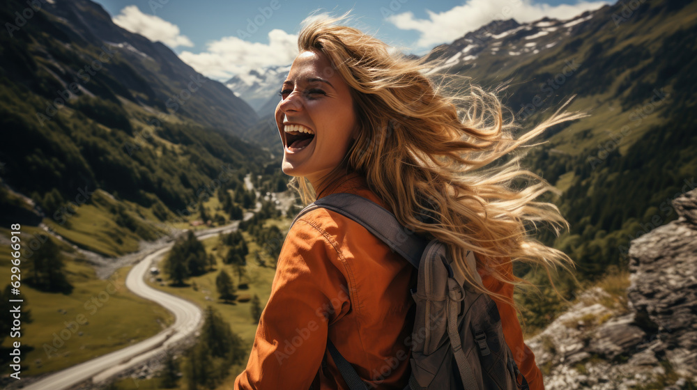 A happy girl walks in the mountains with her long hair flowing.