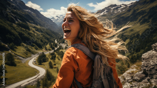 A happy girl walks in the mountains with her long hair flowing.