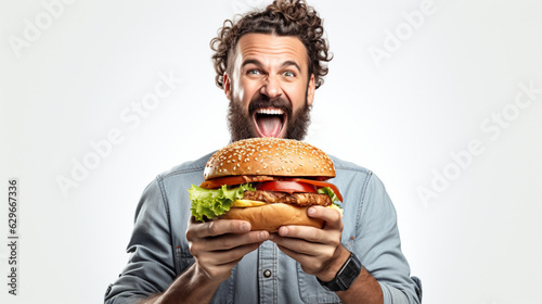 Fotografie, Obraz Man Enjoying a Hamburger on White Background