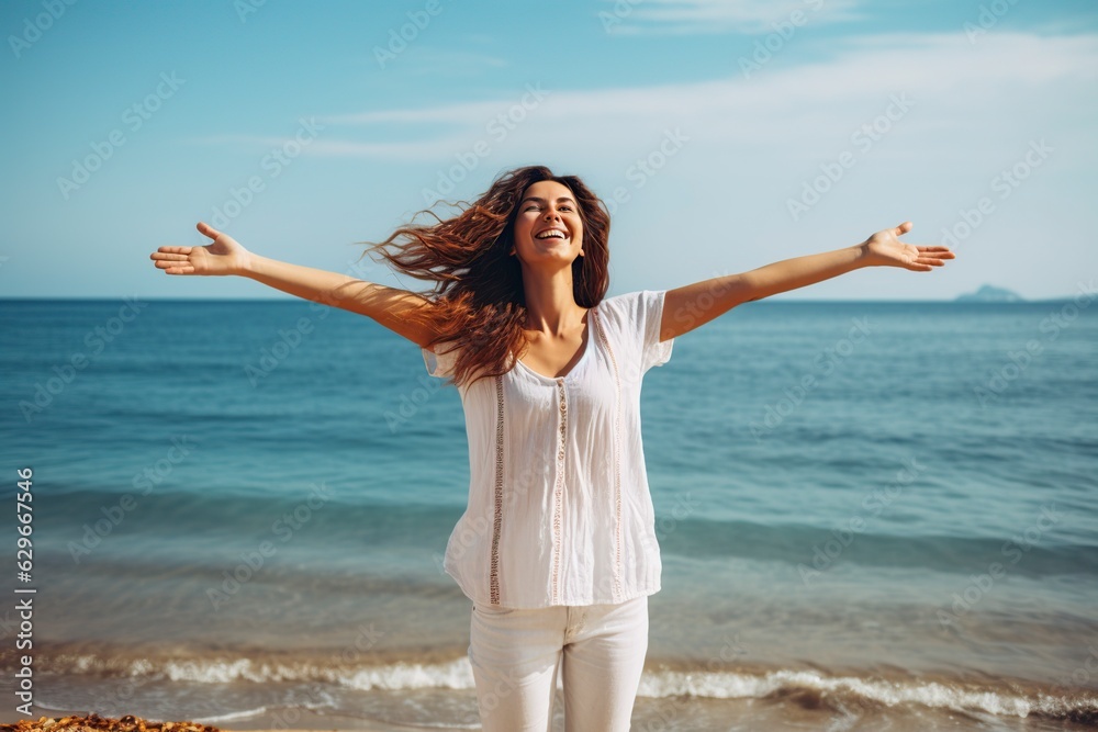 woman with arms outstretched enjoying freedom on the beach woman with arms outstretched enjoying freedom on the beach