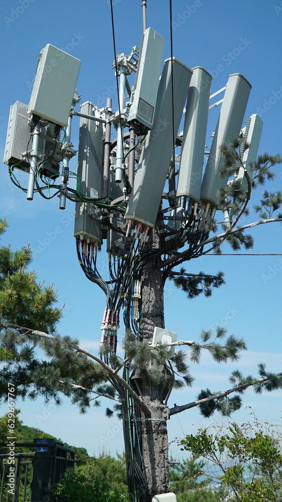 Numerous tangled communications equipment are hanging from fake pine trees Numerous tangled communications equipment are hanging from fake pine trees