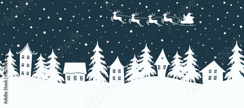 Christmas background. Winter village. Seamless border. Fairy tale winter landscape. Santa Claus is riding across the sky on deer. White houses and fir trees on dark blue background. Vector