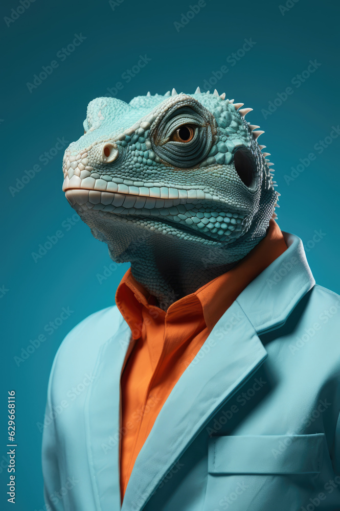 Portrait of lizard in blue jacket. AI generative art