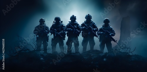 Call of duty special forces soldiers wallpaper. Isolated figures, misty atmosphere created with Generative AI technology 