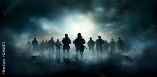 Call of duty special forces soldiers wallpaper. Isolated figures, misty atmosphere created with Generative AI technology 