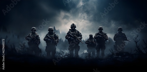 Call of duty special forces soldiers wallpaper. Isolated figures, misty atmosphere created with Generative AI technology  photo