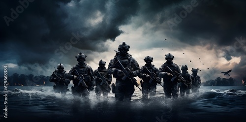 Call of duty special forces soldiers wallpaper. Isolated figures, misty atmosphere created with Generative AI technology 