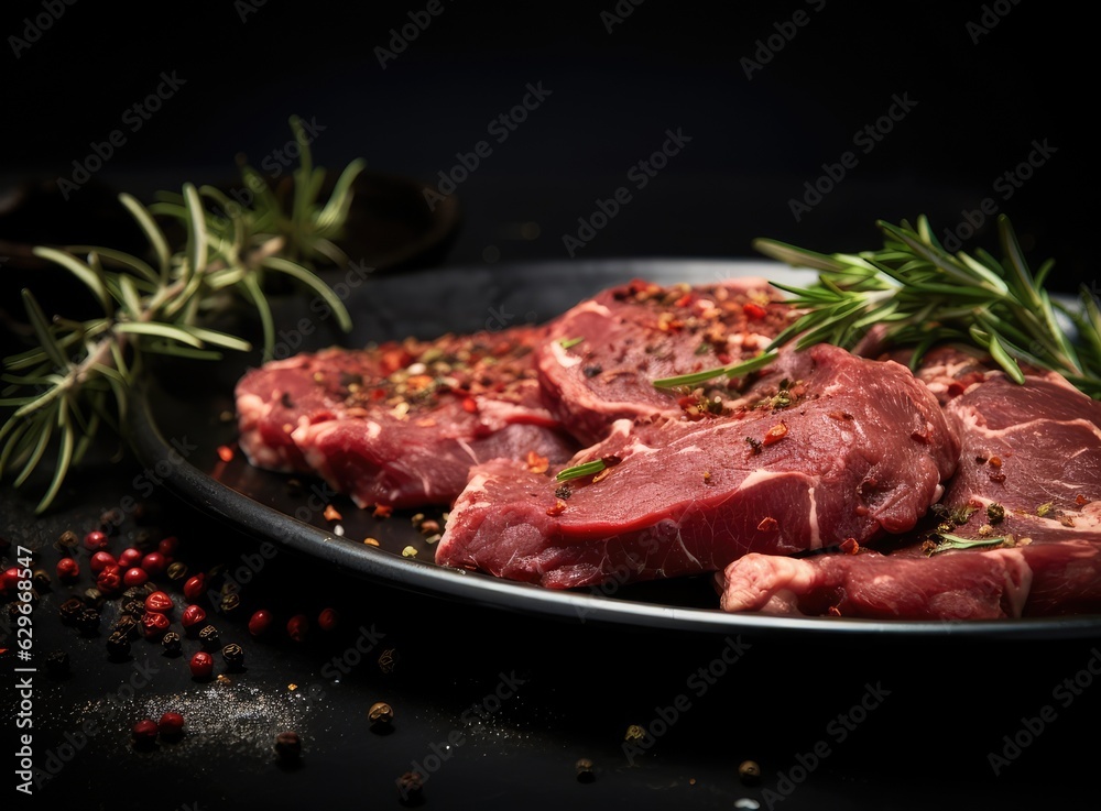 Two raw steak New York with rosemary and spices. Flat lay top view on black stone cutting table. Created with Generative AI technology. Two raw steak New York with rosemary and spices. Flat lay top view on black stone cutting table. Created with Generative AI technology.