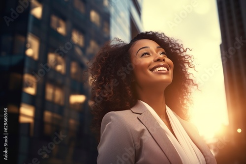 happy, rich and successful business woman standing on the street