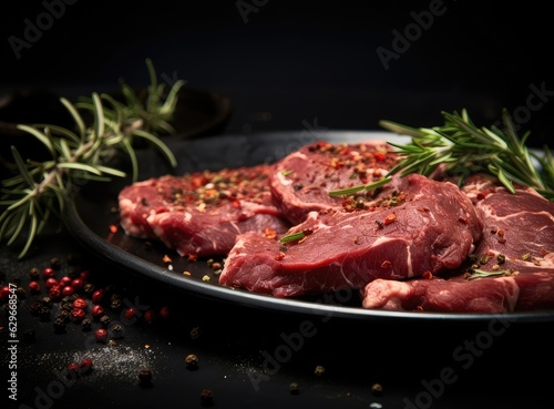 Two raw steak New York with rosemary and spices. Flat lay top view on black stone cutting table. Created with Generative AI technology.
