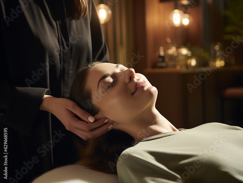 A woman enjoying a  head  scalp  massage at a spa   luxurious spa  relaxation 