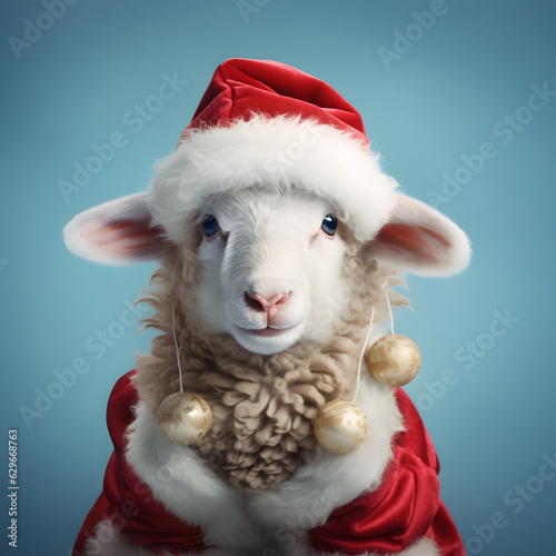 Portrait of a sheep in a red Santa Claus suit. New Year's funny concept.