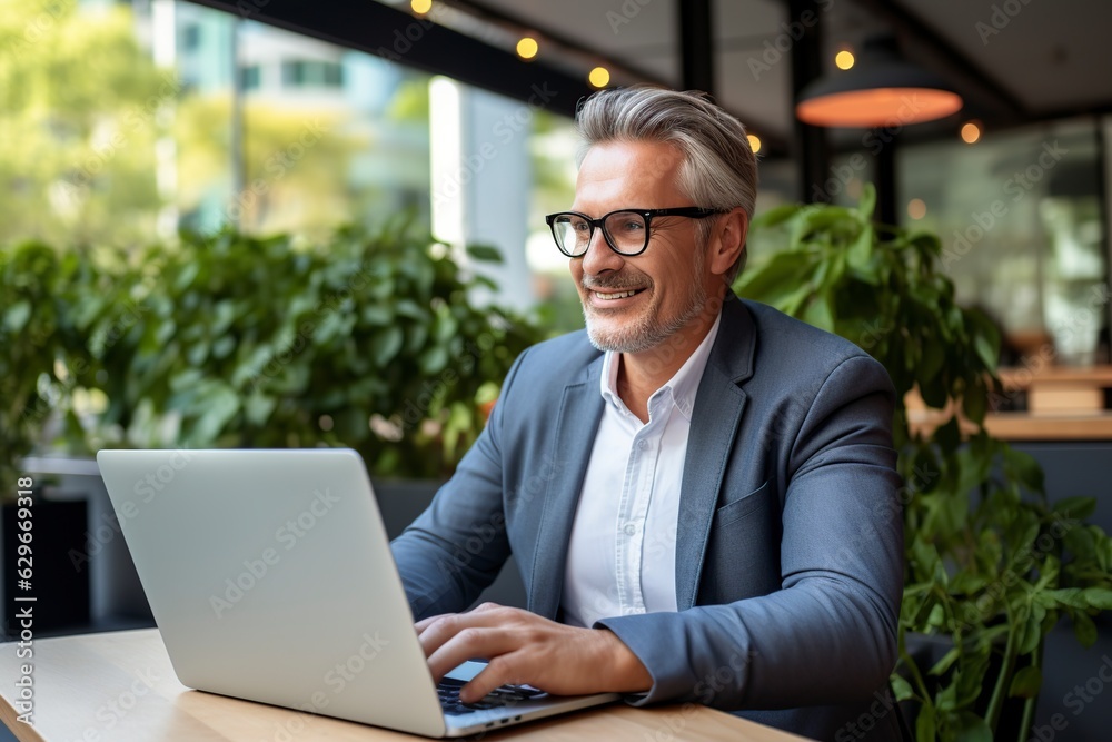 happy mature businessman executive manager looking at laptop