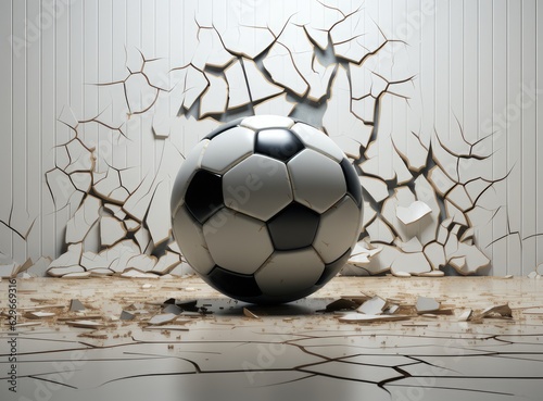 Sport soccer ball coming in cracked wall with grunge texture. Created with Generative AI technology. © lililia