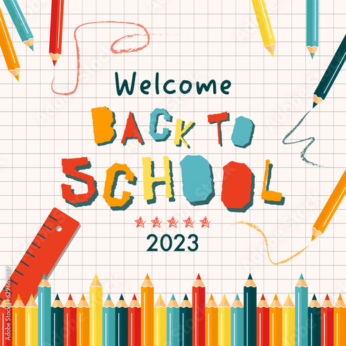 Back to school banner design. Modern illustration of colorful crayon pencils frame and text. Student, pupil. Trendy vector illustration for card, web banner design.