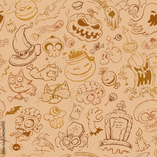 Halloween seamless background with cartoon Halloween personages