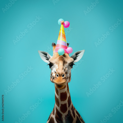Cute colorful portrait of a giraffe with a prty hat. Birthday, party, pet, decoration. AI generative, illustration photo