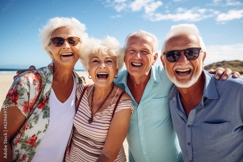group of smiling old people on the beach