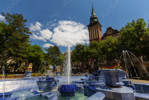 Blue fountain near the town hall in Subotica town Serbia