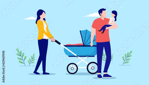 Young parents outdoors - Couple with baby stroller and child walking outside, flat design vector illustration with blue background