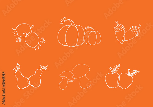 doodle icons set of outline vegetables and fruits pumpkin, pomegranate, apple, pear, acorn, mushrooms - vector illustration, autumn design elements, white line on orange background