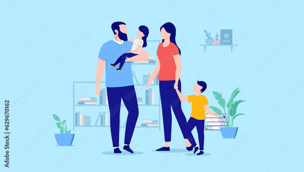Family with kids - Parents with two children standing indoors in living room. Flat design vector illustration with blue background
