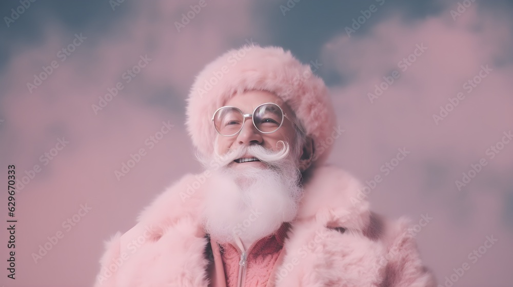 Obraz premium Santa Claus happy smiling, in pink clothes, trendy Santa Claus, on pink background