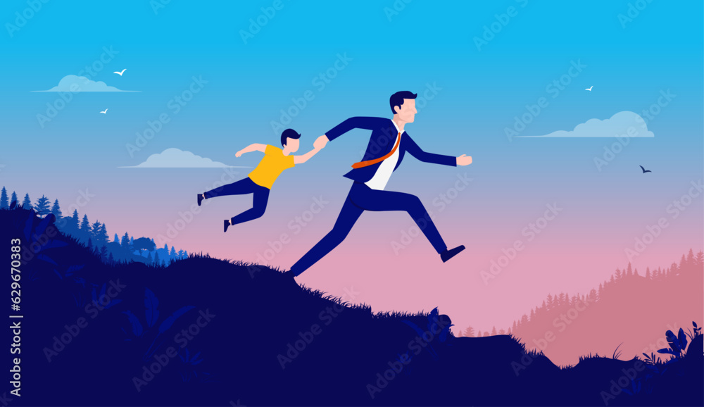 Parent stress - Businessman father running with child in hand late for work, flat design vector illustration