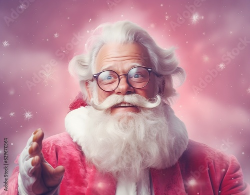 Santa Claus happy smiling, in pink clothes, trendy Santa Claus, on pink background