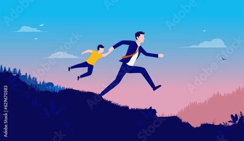 Parent stress - Businessman father running with child in hand late for work, flat design vector illustration
