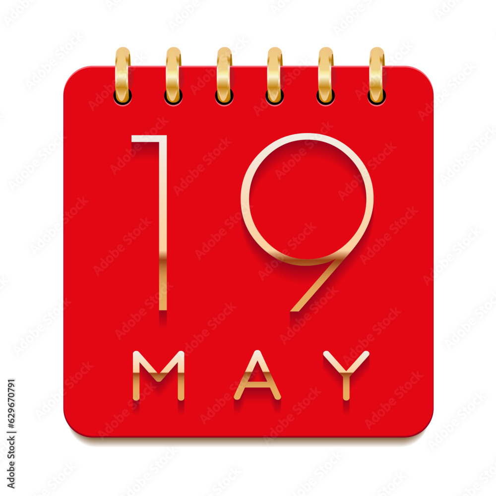 19 day of the month. May. Luxury calendar daily icon. Date day week Sunday, Monday, Tuesday, Wednesday, Thursday, Friday, Saturday. Gold text. Red paper. Vector illustration 19 day of the month. May. Luxury calendar daily icon. Date day week Sunday, Monday, Tuesday, Wednesday, Thursday, Friday, Saturday. Gold text. Red paper. Vector illustration