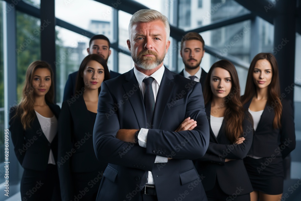 confident business team posing with their leader in a corporation confident business team posing with their leader in a corporation