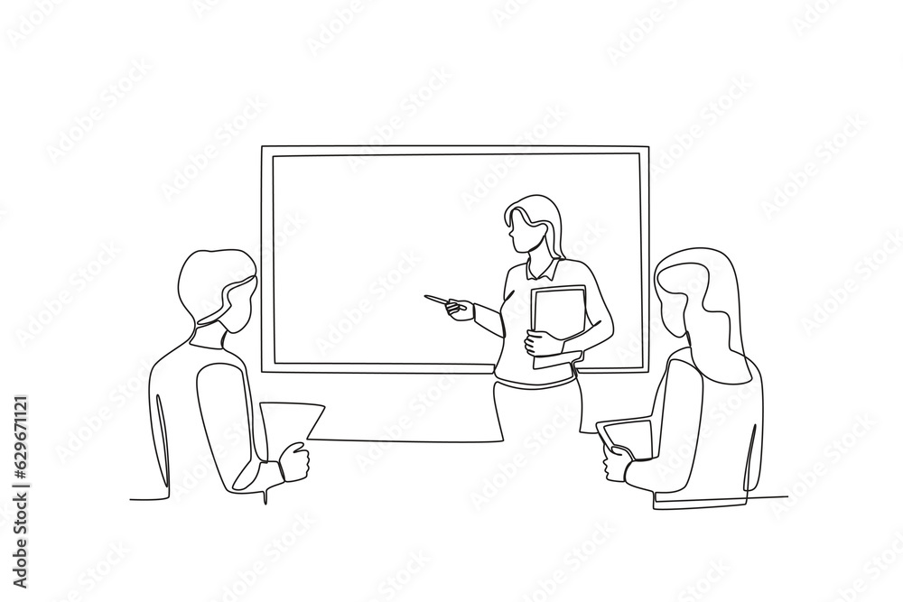 A woman presented in front of the class. Presentation one-line drawing