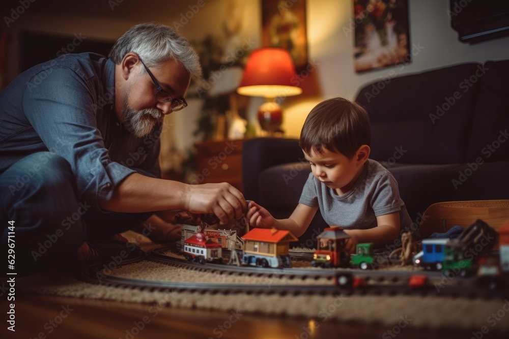 grandfather and grandson playing with a train set