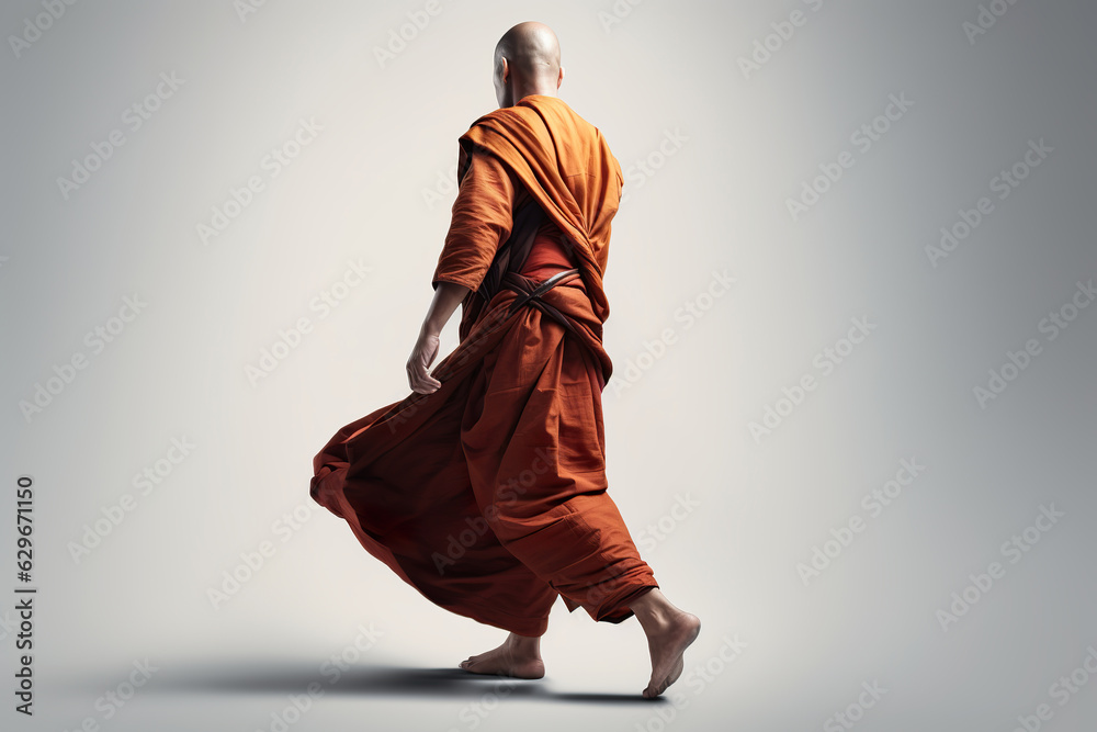 Buddhist monk from the back walking on white background. Buddhist monk dressed as a monk walking calmly in the style of an ancient wise man. Realistic 3D illustration. Generative AI - obrazy, fototapety, plakaty 