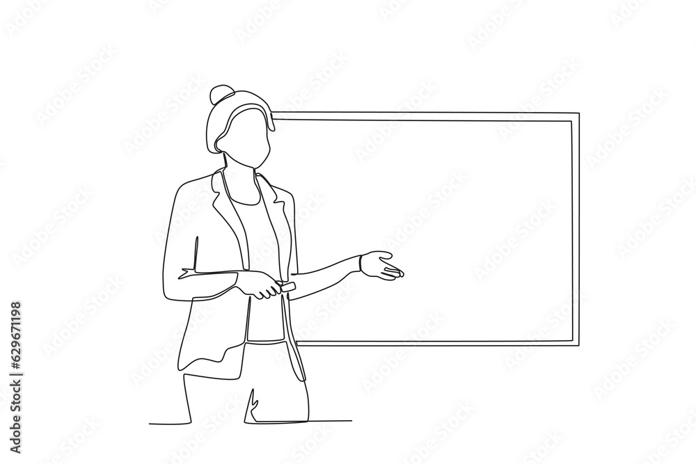 A businesswoman presenting in the office. Presentation one-line drawing