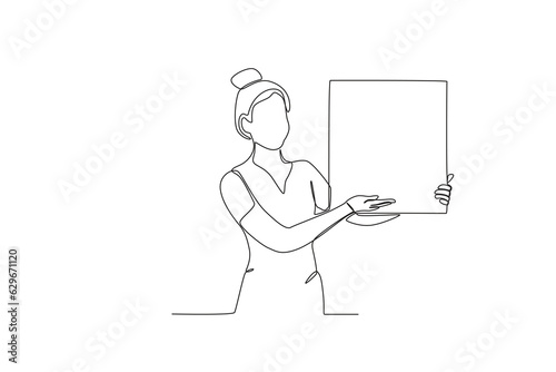A woman presenting her portfolio. Presentation one-line drawing