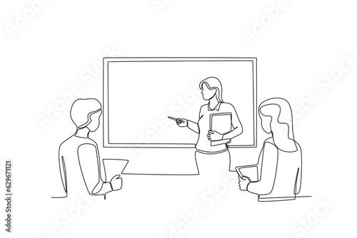 A woman presented in front of the class. Presentation one-line drawing © stlineart