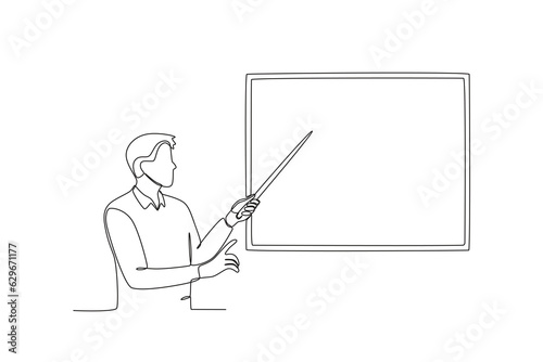 A male presenter pointing at a board. Presentation one-line drawing
