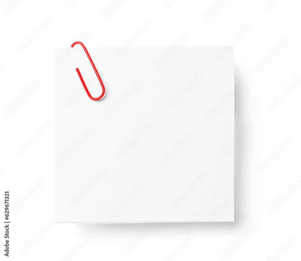 Sticky note with paper clip on white background Sticky note with paper clip on white background