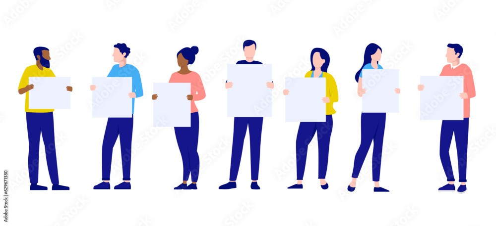 Group of people holding posters - Vector characters with blank empty ...