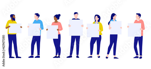 Group of people holding posters - Vector characters with blank empty signs in hands. Flat design vector illustration with white background