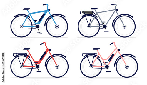 Electric bikes collection - Set of vector bicycles in flat design, side view, on white background